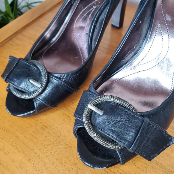 Tahari | Brigitte Black Buckle Peep Toe High Heels | Size 10 - Picture 8 of 12